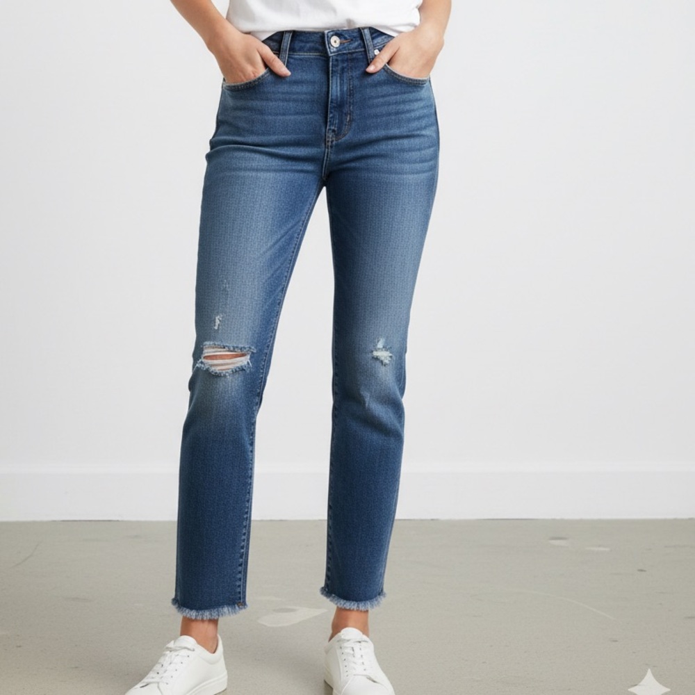 J. Crew Blue Jeans Womens 30x27 Distressed Raw Hem Straight Denim Medium Wash